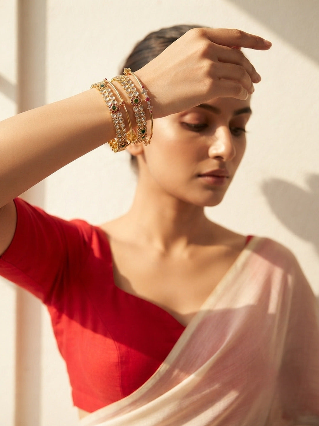 Glamour Gold-Plated AD & Cubic Zirconia Stone-Studded Premium Bangles- Set of 4