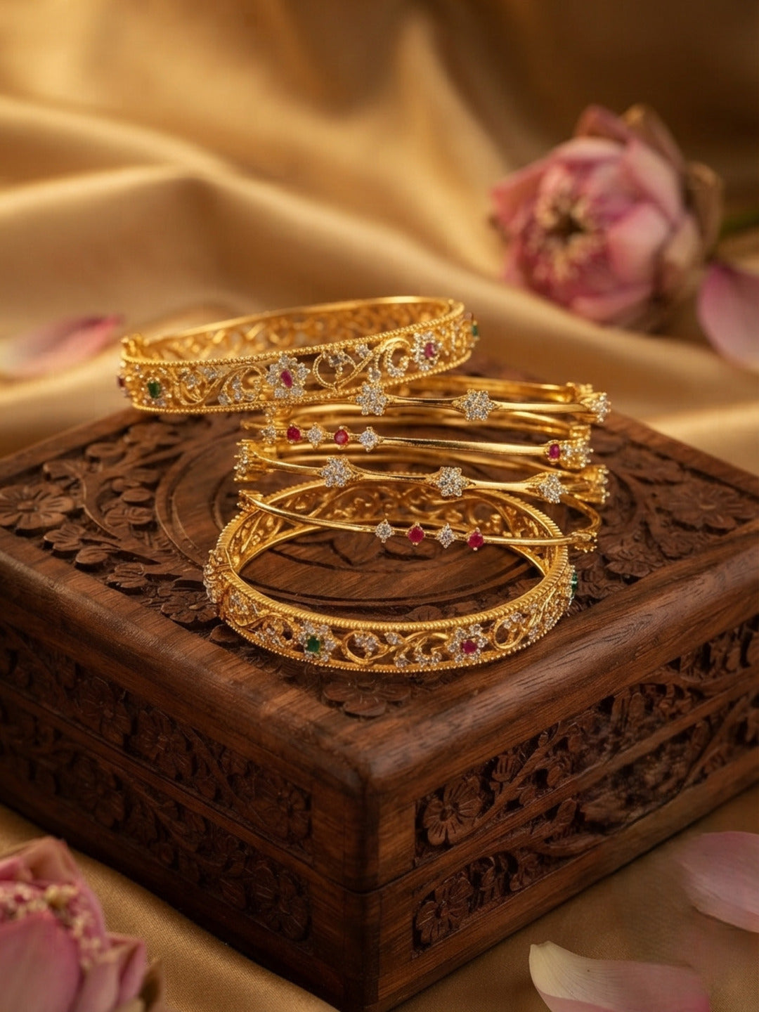 Queen Gold-Plated AD & Cubic Zirconia Stone-Studded Premium Bangles- Set of 6