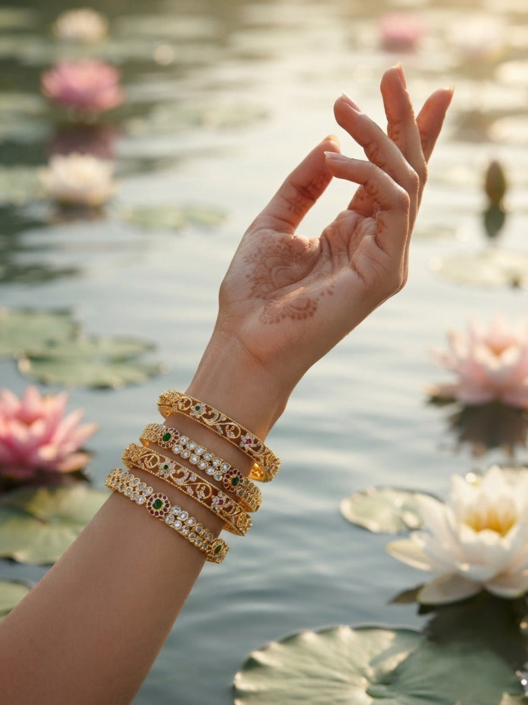 Desi  Gold-Plated AD & Cubic Zirconia Stone-Studded Premium Bangles- Set of 4