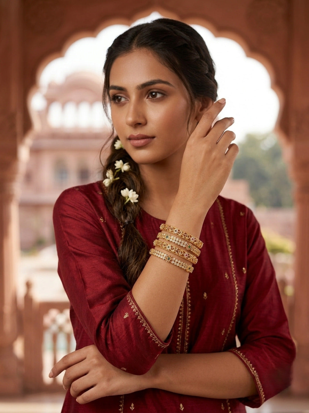 Desi  Gold-Plated AD & Cubic Zirconia Stone-Studded Premium Bangles- Set of 4
