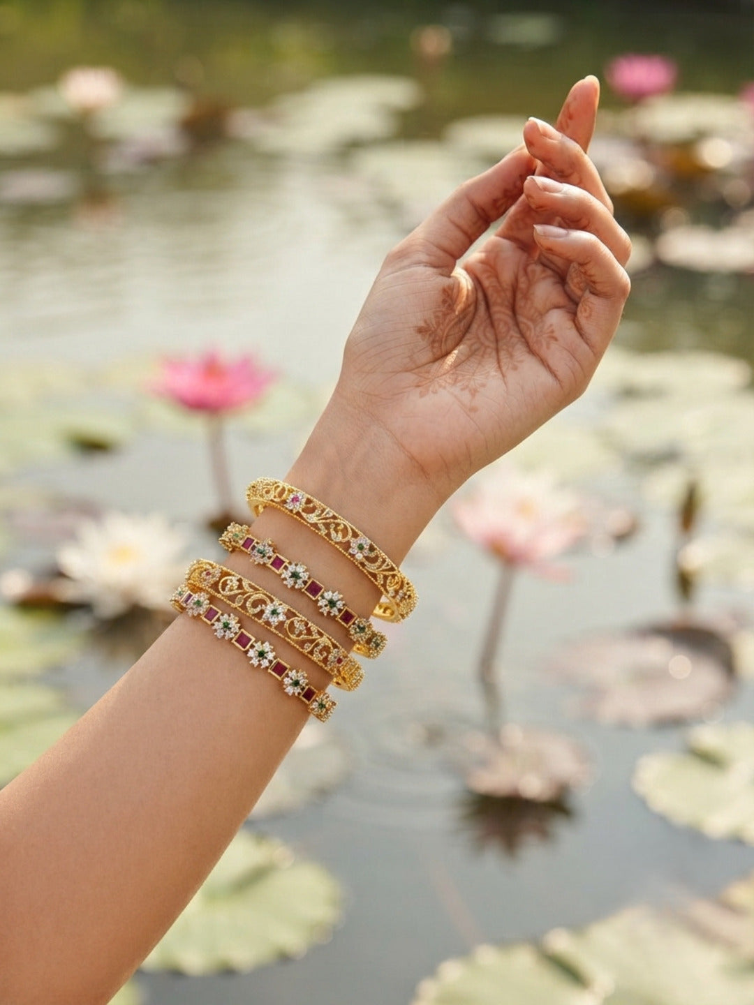 Nawabi Noor Gold-Plated AD & Cubic Zirconia Stone-Studded Premium Bangles- Set of 4
