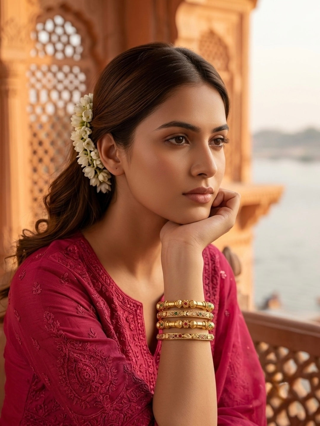 Rangoli Gold-Plated AD & Cubic Zirconia Stone-Studded Premium Bangles- Set of 4