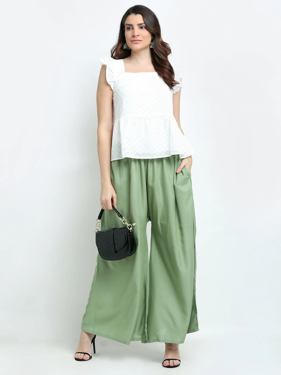 Pista Green Solid Rayon Pocket Palazzo