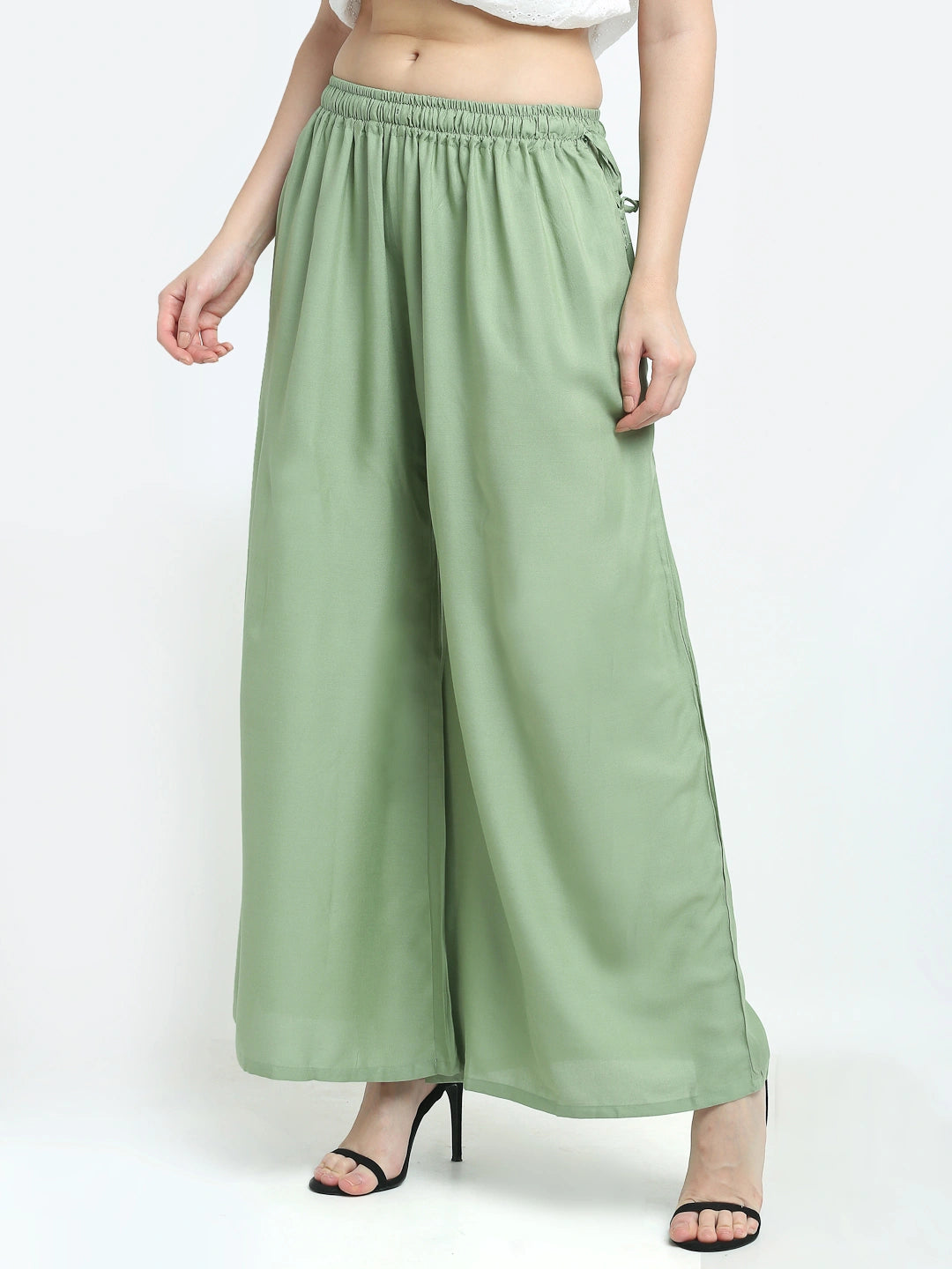 Pista Green Solid Rayon Pocket Palazzo