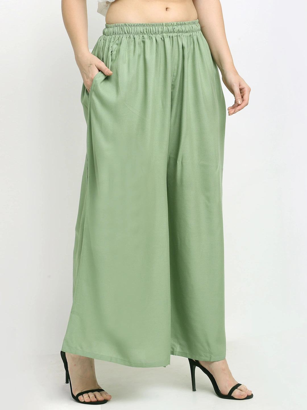Pista Green Solid Rayon Pocket Palazzo