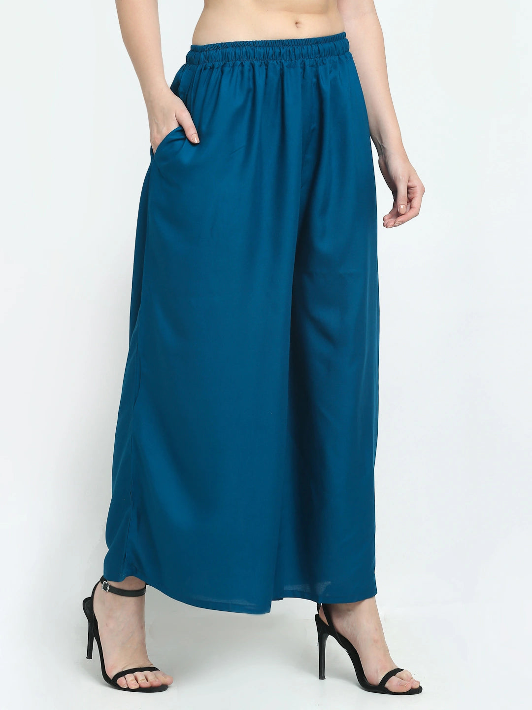 Prussian Blue Solid Rayon Pocket Palazzo