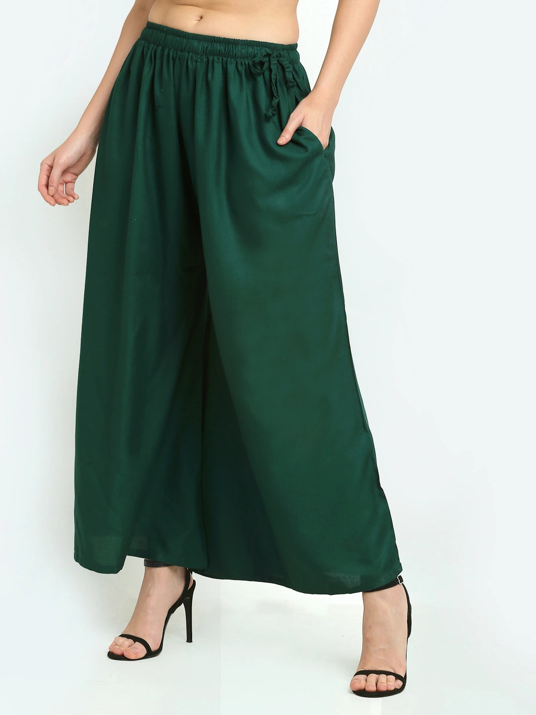 Dark Green Solid Rayon Pocket Palazzo