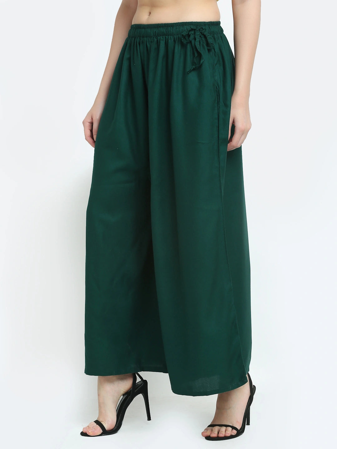 Dark Green Solid Rayon Pocket Palazzo