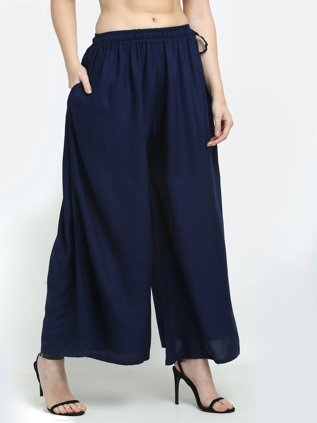 Navy Blue Solid Rayon Pocket Palazzo