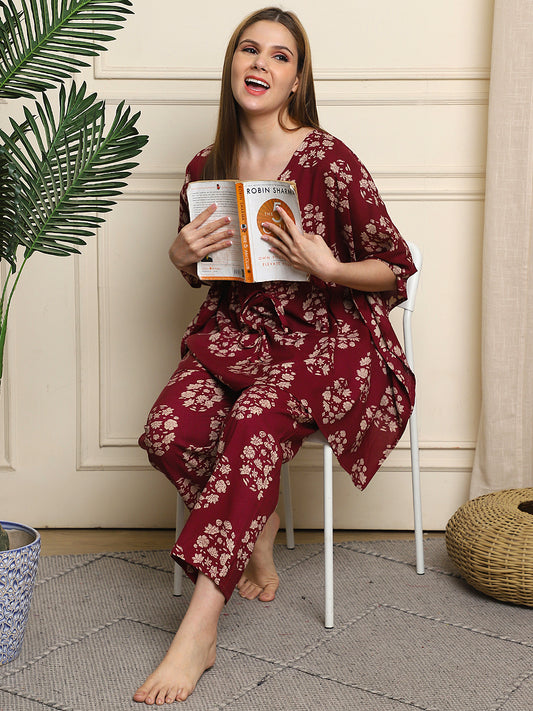 Burgundy Flower Bunch Rayon Kaftan