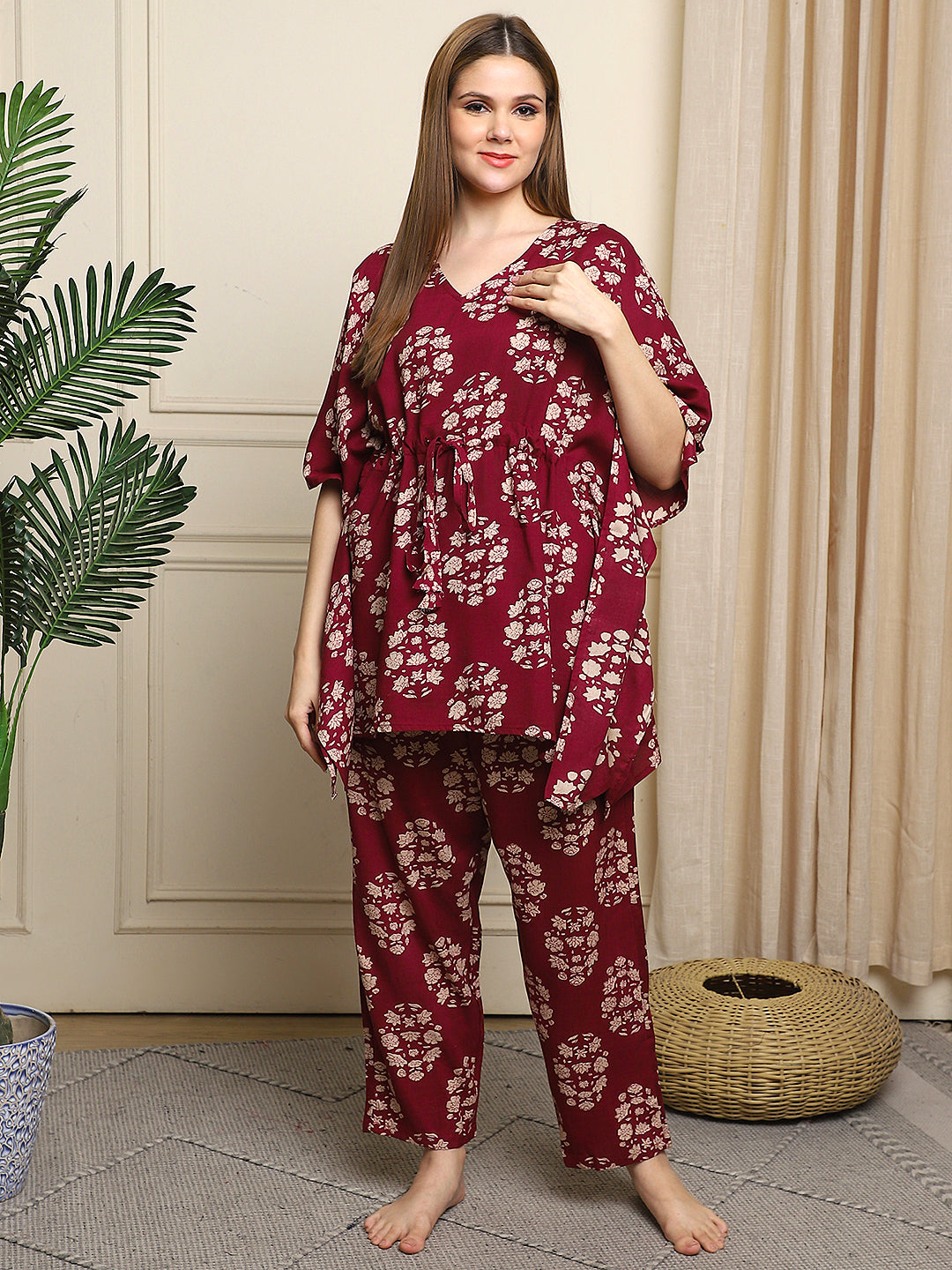 Burgundy Flower Bunch Rayon Kaftan