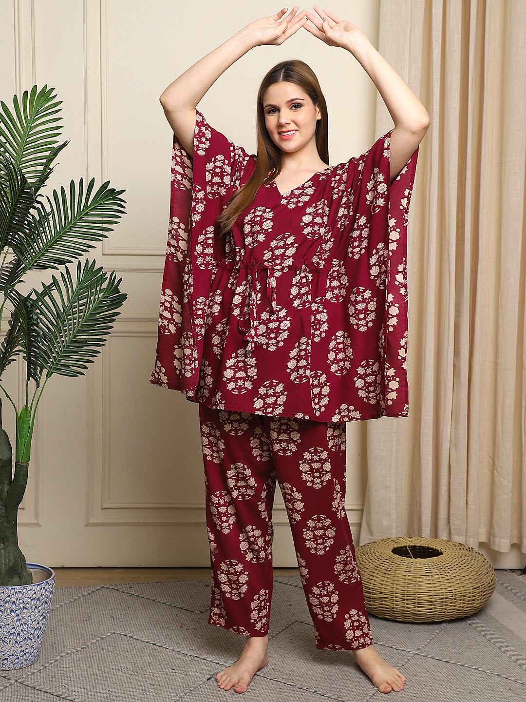 Burgundy Flower Bunch Rayon Kaftan