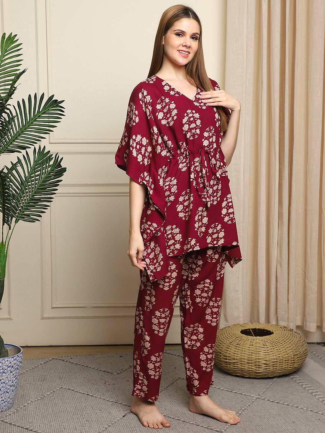 Burgundy Flower Bunch Rayon Kaftan
