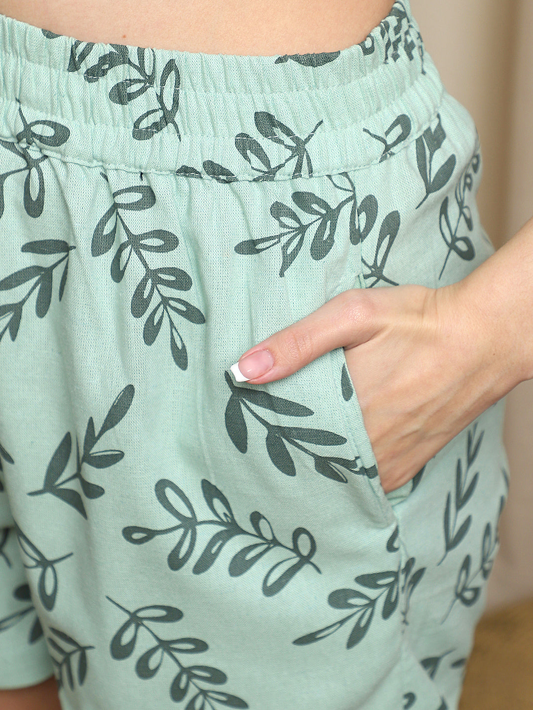 Dusty Green Leaf Cotton Lounge Shorts