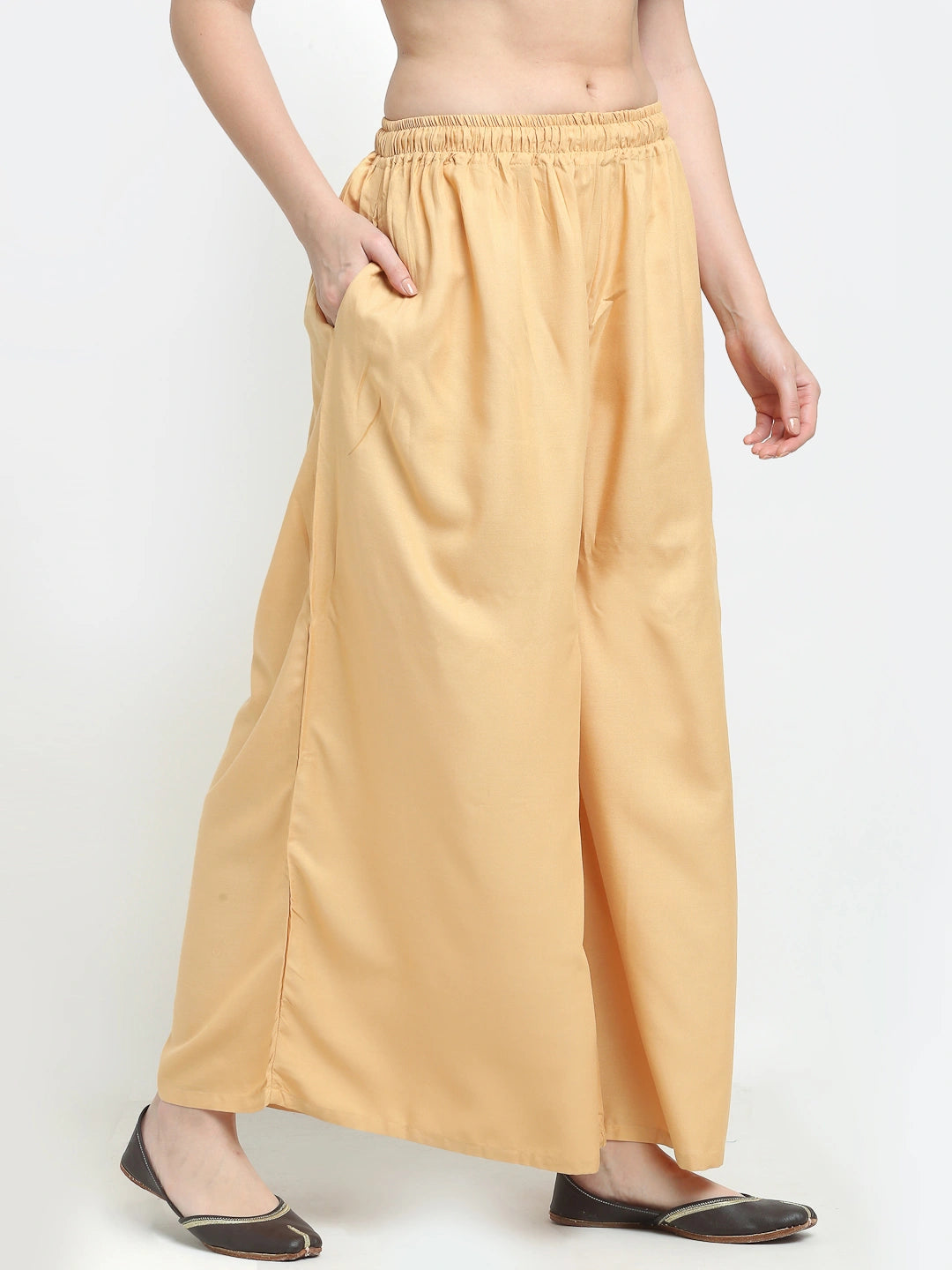 Beige Solid Rayon Pocket Palazzo