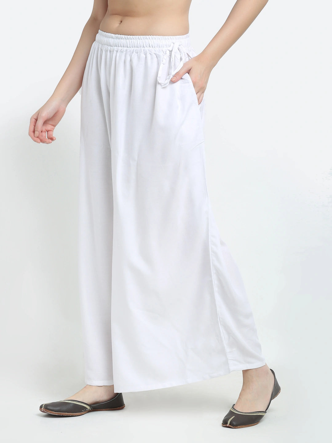 White Solid Rayon Pocket Palazzo
