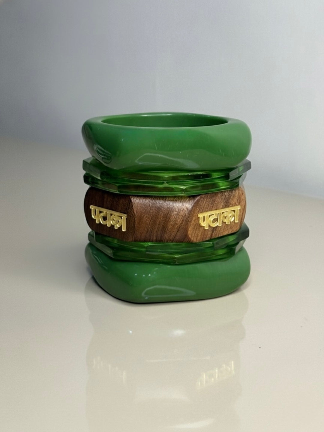 Touch Grass Resin, Wooden & Brass Bangles-Set of 7
