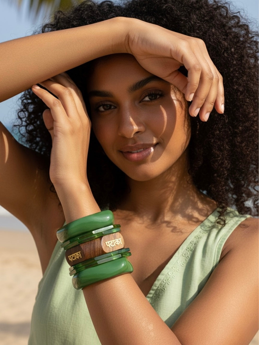 Touch Grass Resin, Wooden & Brass Bangles-Set of 7