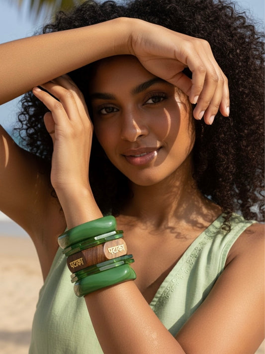 Touch Grass Resin, Wooden & Brass Bangles-Set of 7