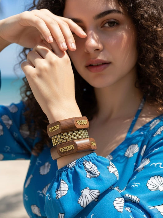 Extra Resin, Wooden & Brass Bangles-Set of 3