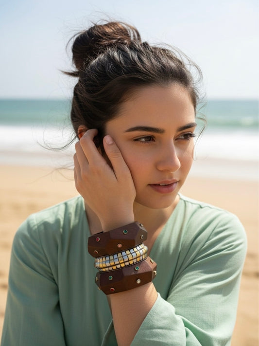Plot Armor Resin, Wooden & Brass Bangles-Set of 3