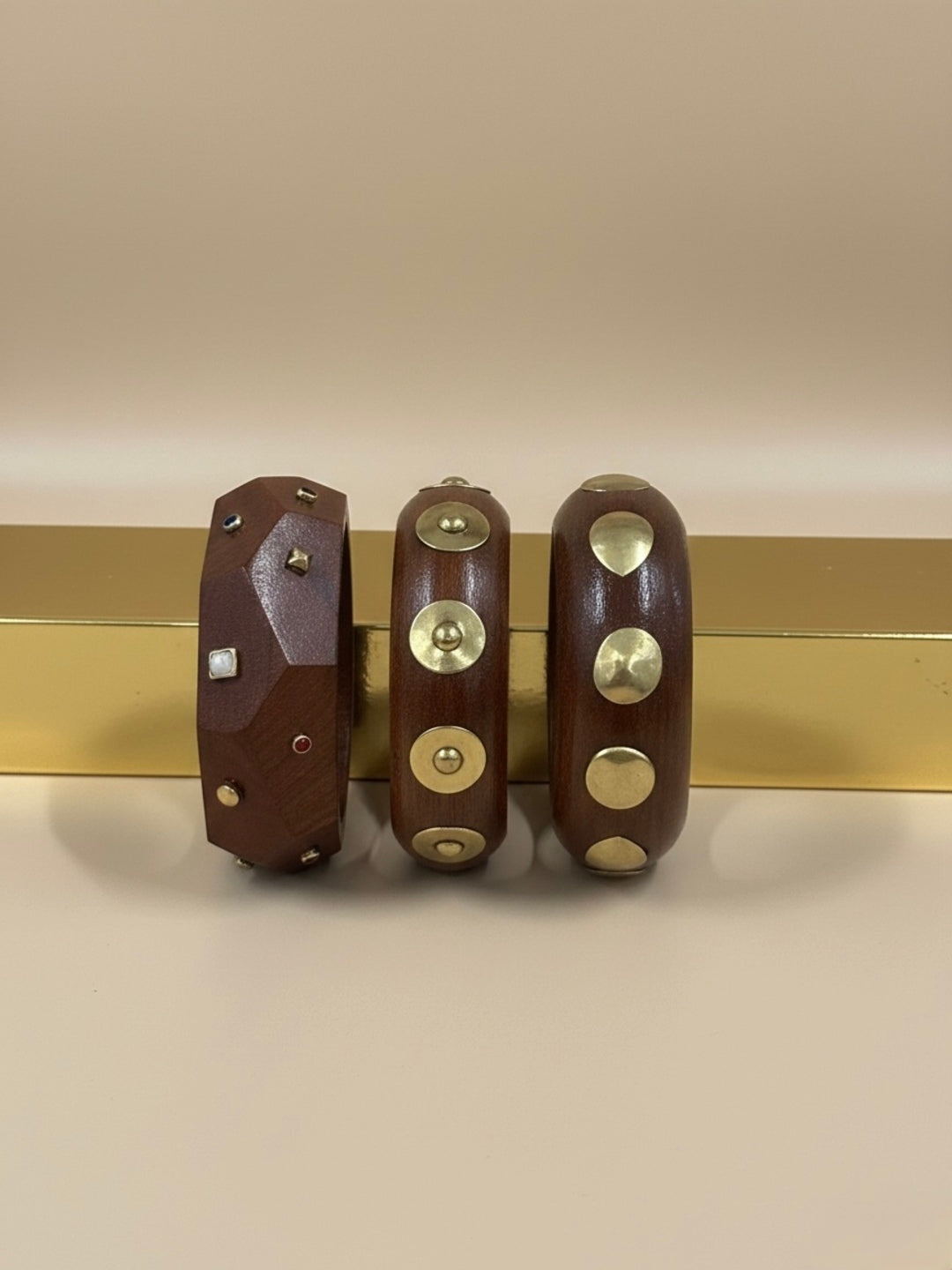 Quiet Luxury Wooden & Brass Bangles-Set of 3