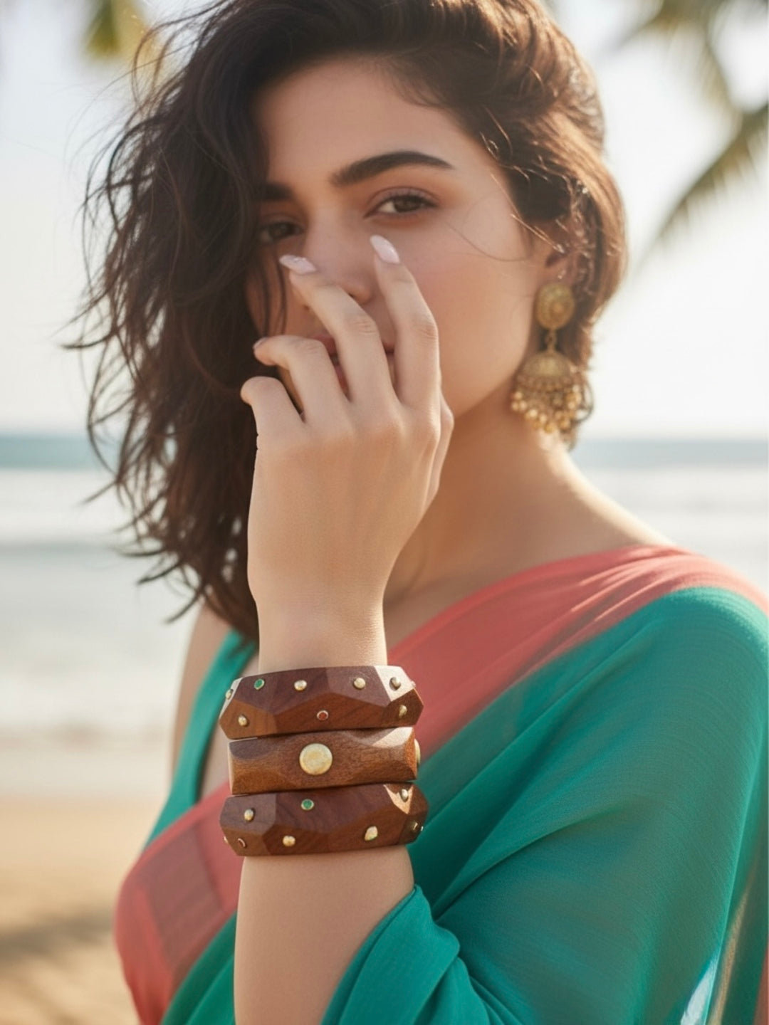Mermaid Wooden & Brass Bangles-Set of 3