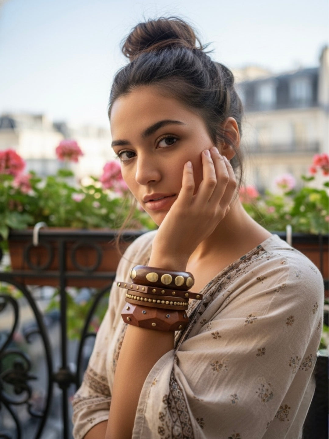 Soft Girl Era Wooden & Brass Bangles-Set of 4