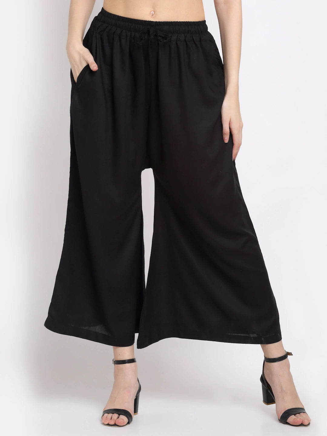 Black Solid Rayon Pocket Palazzo