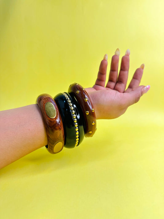 Midnight Timber Resin,Brass & Wood Bangles-Set of 3