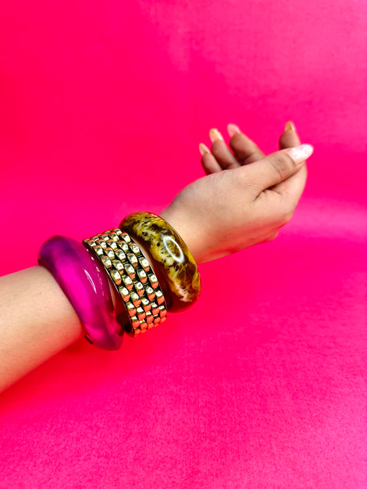 Amber Aura Resin & Brass Bangles-Set of 3