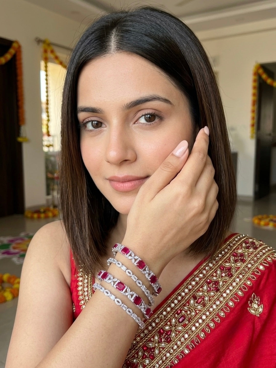 Ruby Rose Silver-Plated AD & Cubic Zirconia Stone-Studded Premium Bangles- Set of 4