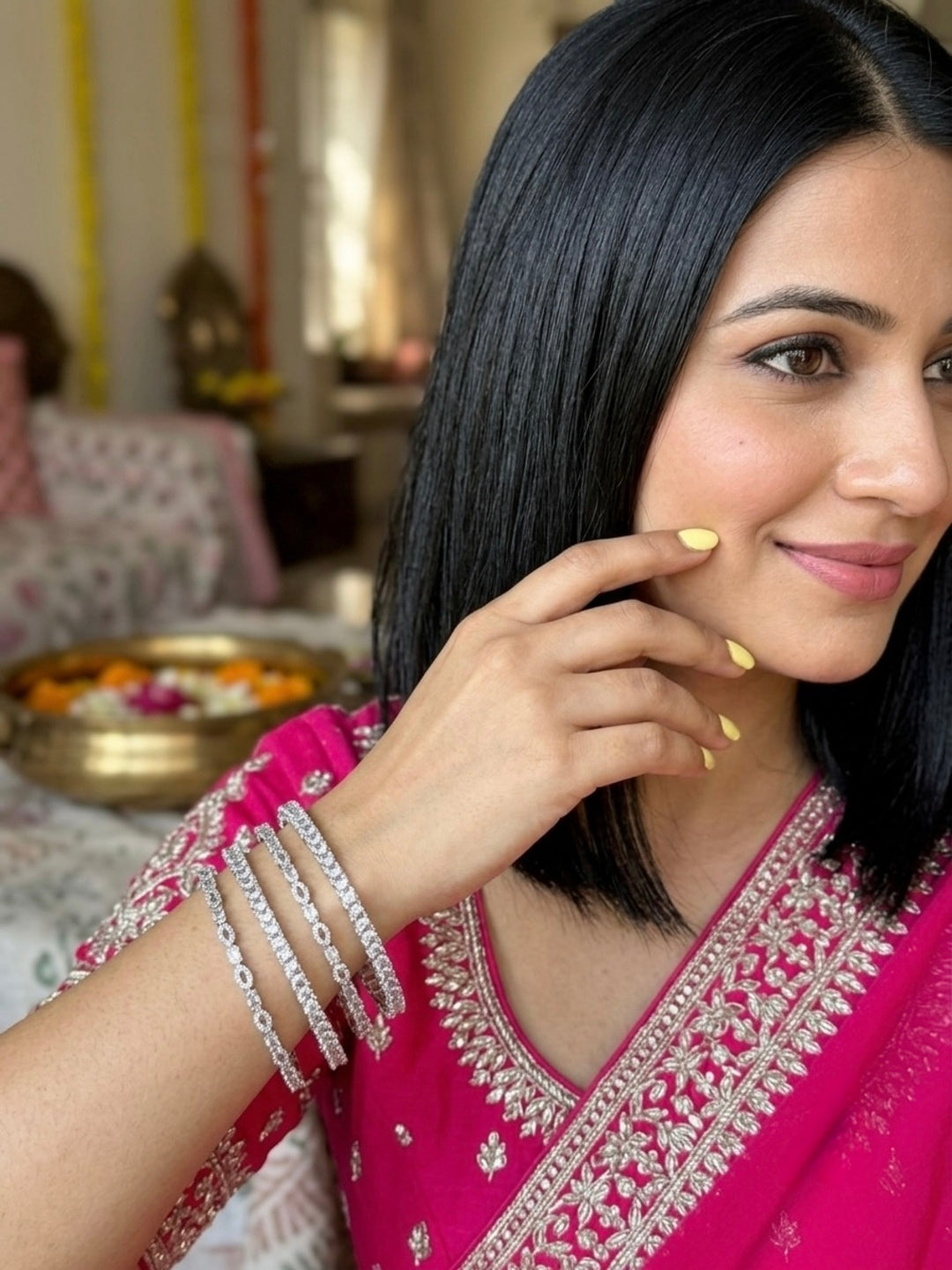 Moonlit Crystal Silver-Plated AD & Cubic Zirconia Stone-Studded Premium Bangles- Set of 4