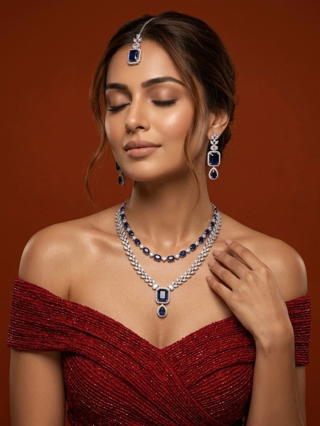 Midnight Elegance Double Layer Jewellery Set with Mangtika