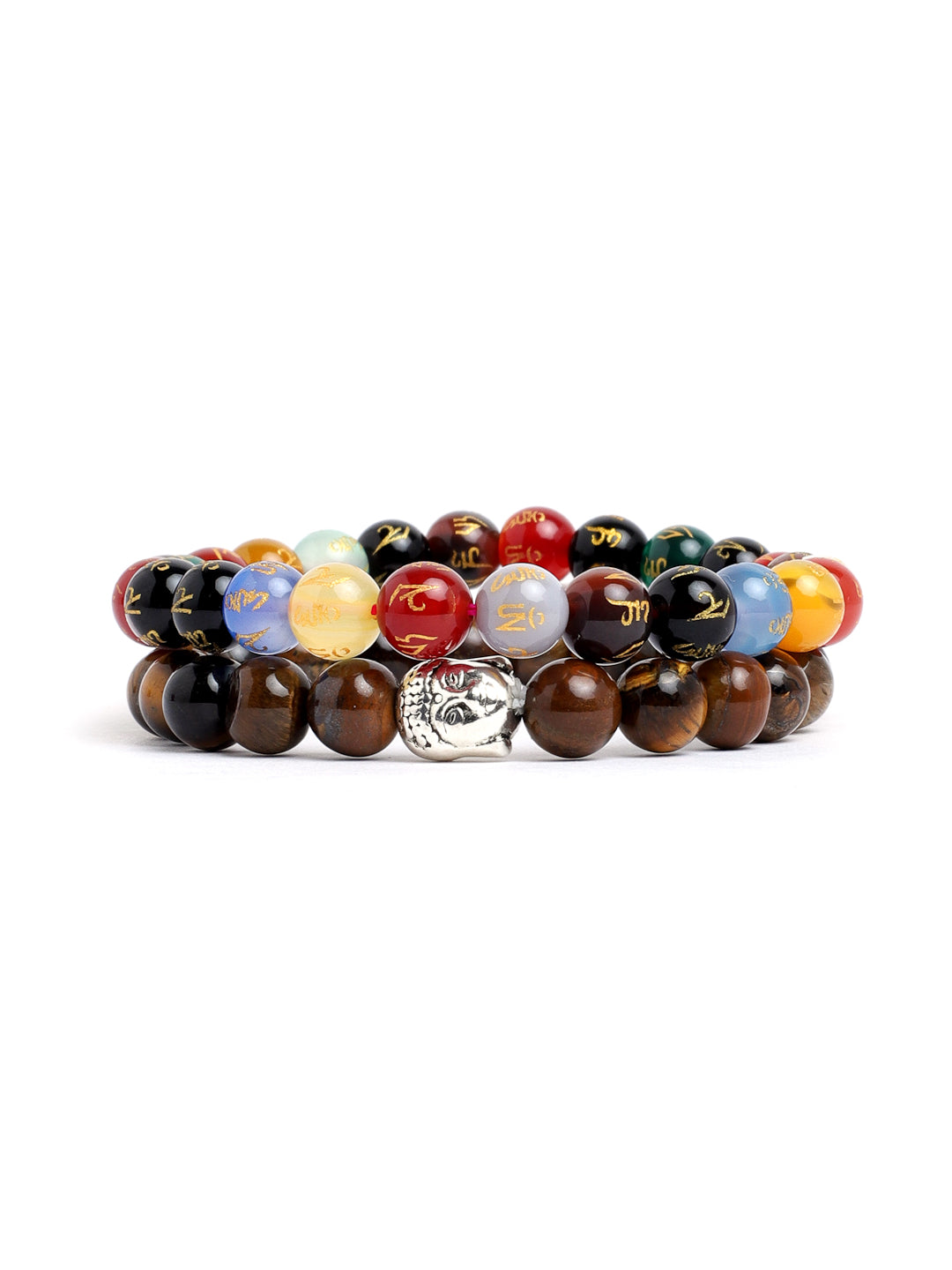 Combo Of Tiger Eye And Om Mani Multi Semi Precious Stone Bracelet