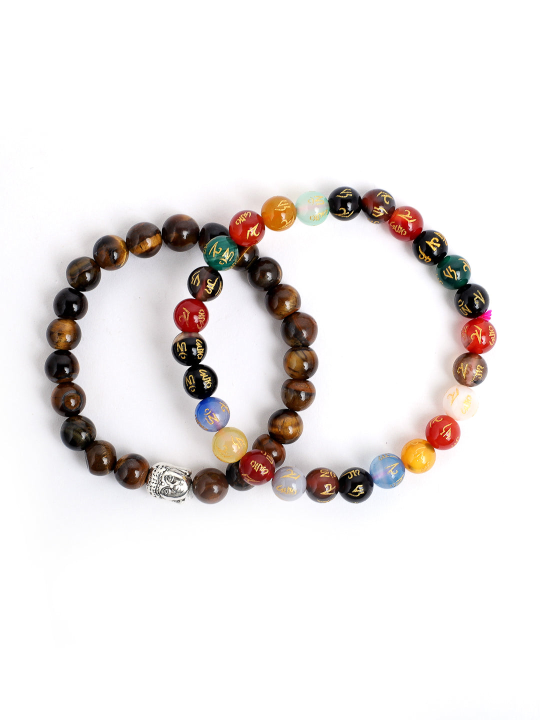 Combo Of Tiger Eye And Om Mani Multi Semi Precious Stone Bracelet
