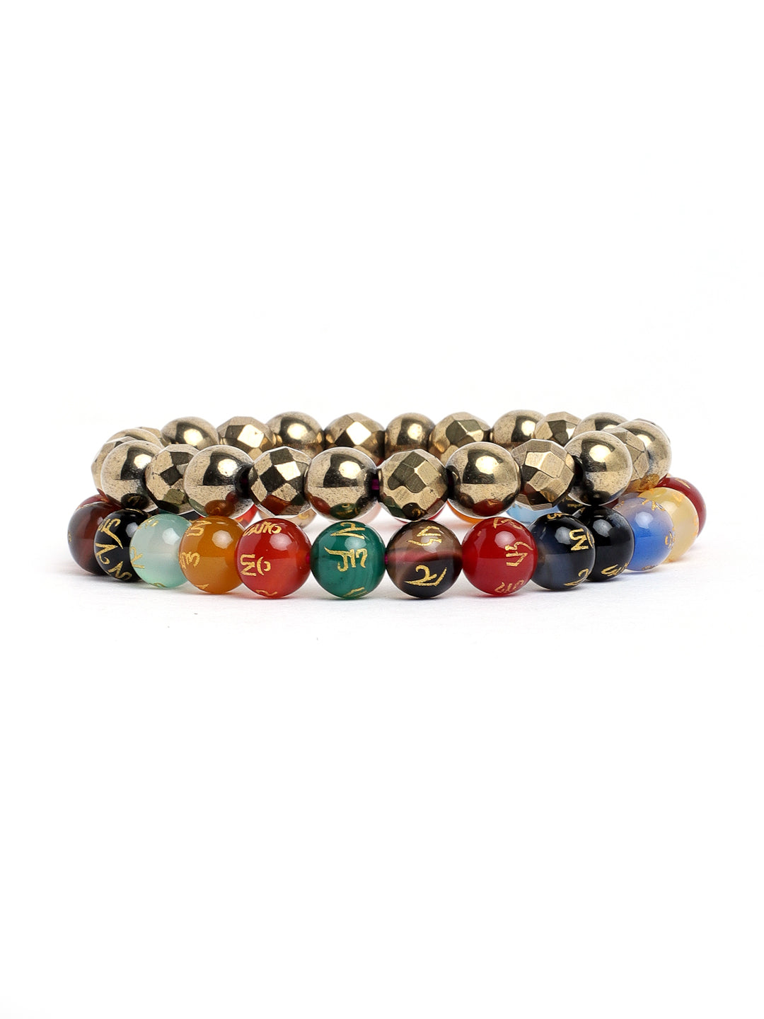 Combo Of Golden Pyrite And Om Mani Multi Semi Precious Stone Bracelet
