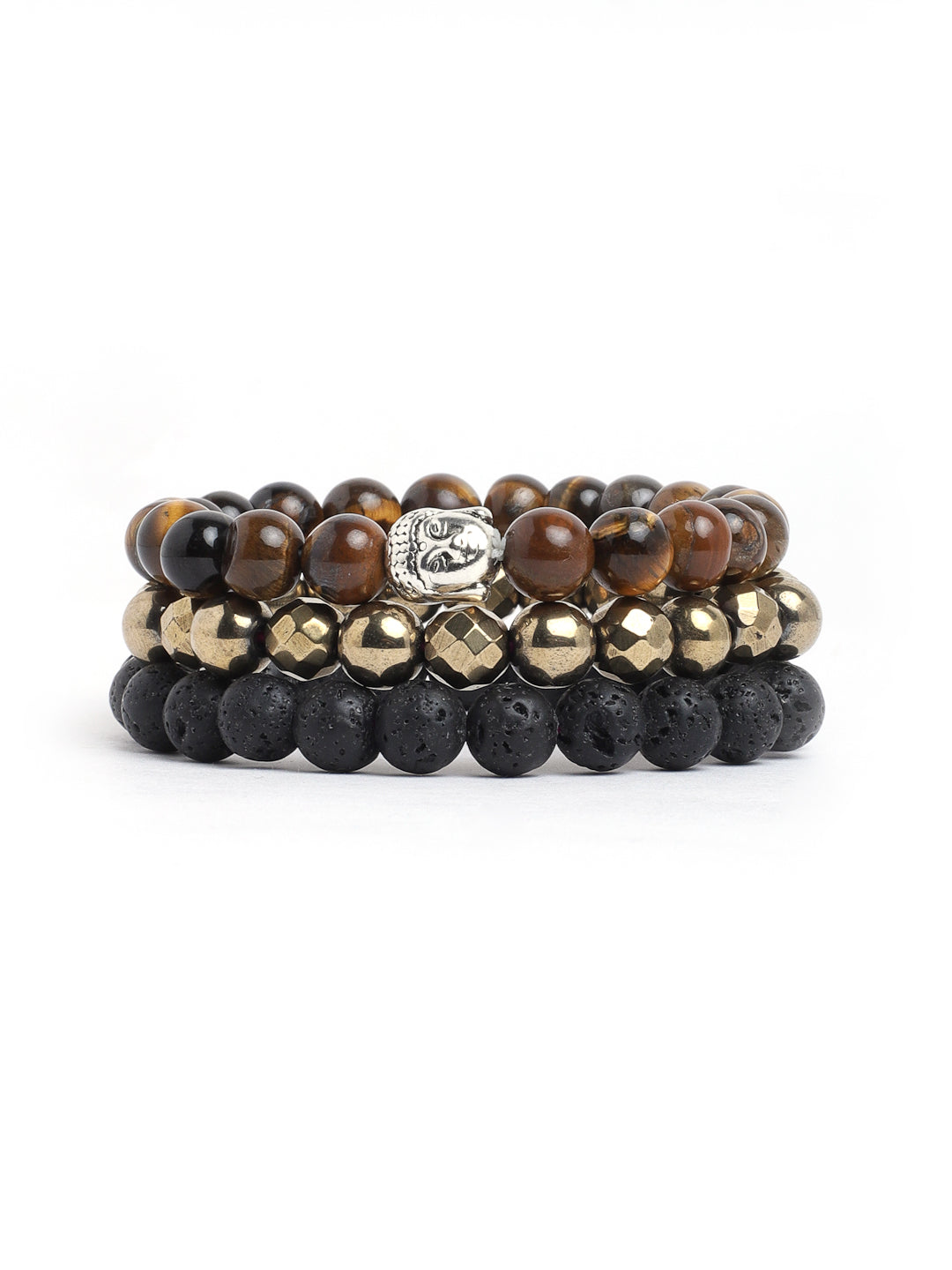 Combo Of Lawa, Golden Pyrite And Tiger Eye Semi Precious Stone Bracelet