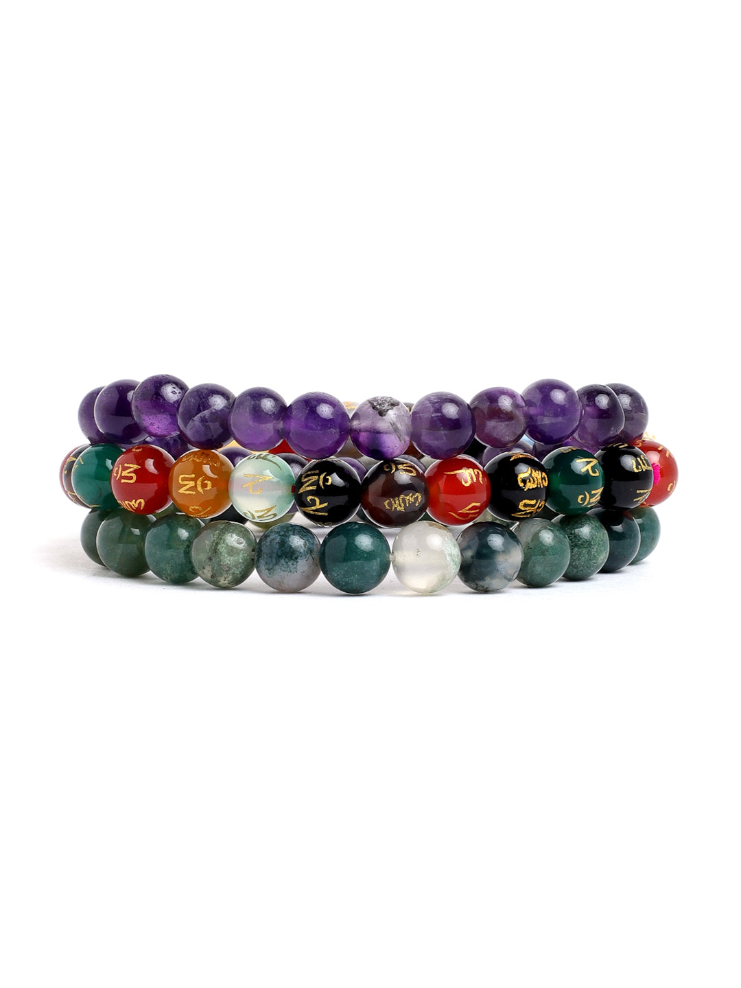 Combo Of Mos Agate ,Om Mani Multi  And Amethyst Semi Precious Stone Bracelet