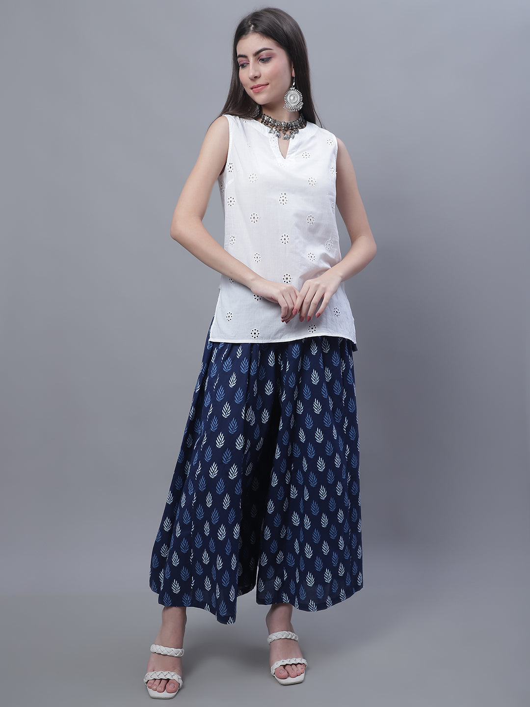 Indigo Blue Leaf Cotton Print Flared Palazzo