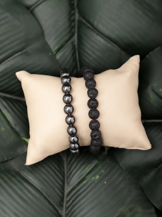 Combo Of Hemetite And Lawa Semi Precious Stone Bracelet