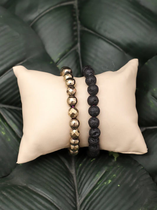 Combo Of Golden Pyrite And Lawa Semi Precious Stone Bracelet