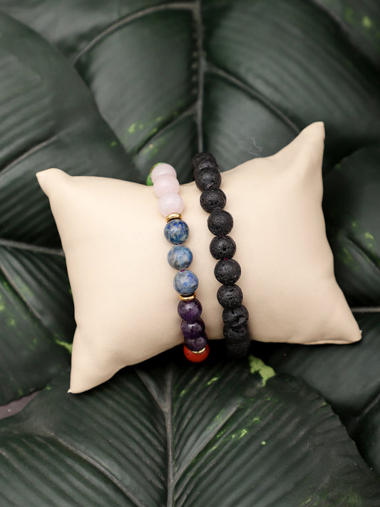 Combo Of Seven Chakra  And Lawa Semi Precious Stone Bracelet