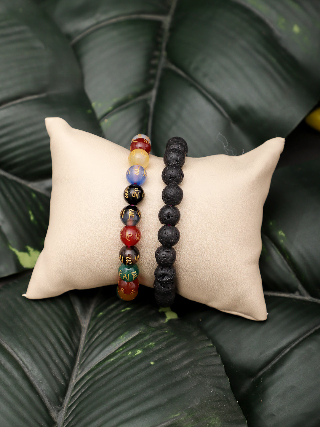Combo Of Om Mani Multi And Lawa Semi Precious Stone Bracelet