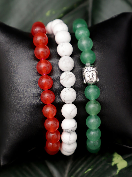 Tricolor Combo Of Green Aventurine,Howlite And Carnelian Semi Precious Stone Bracelet