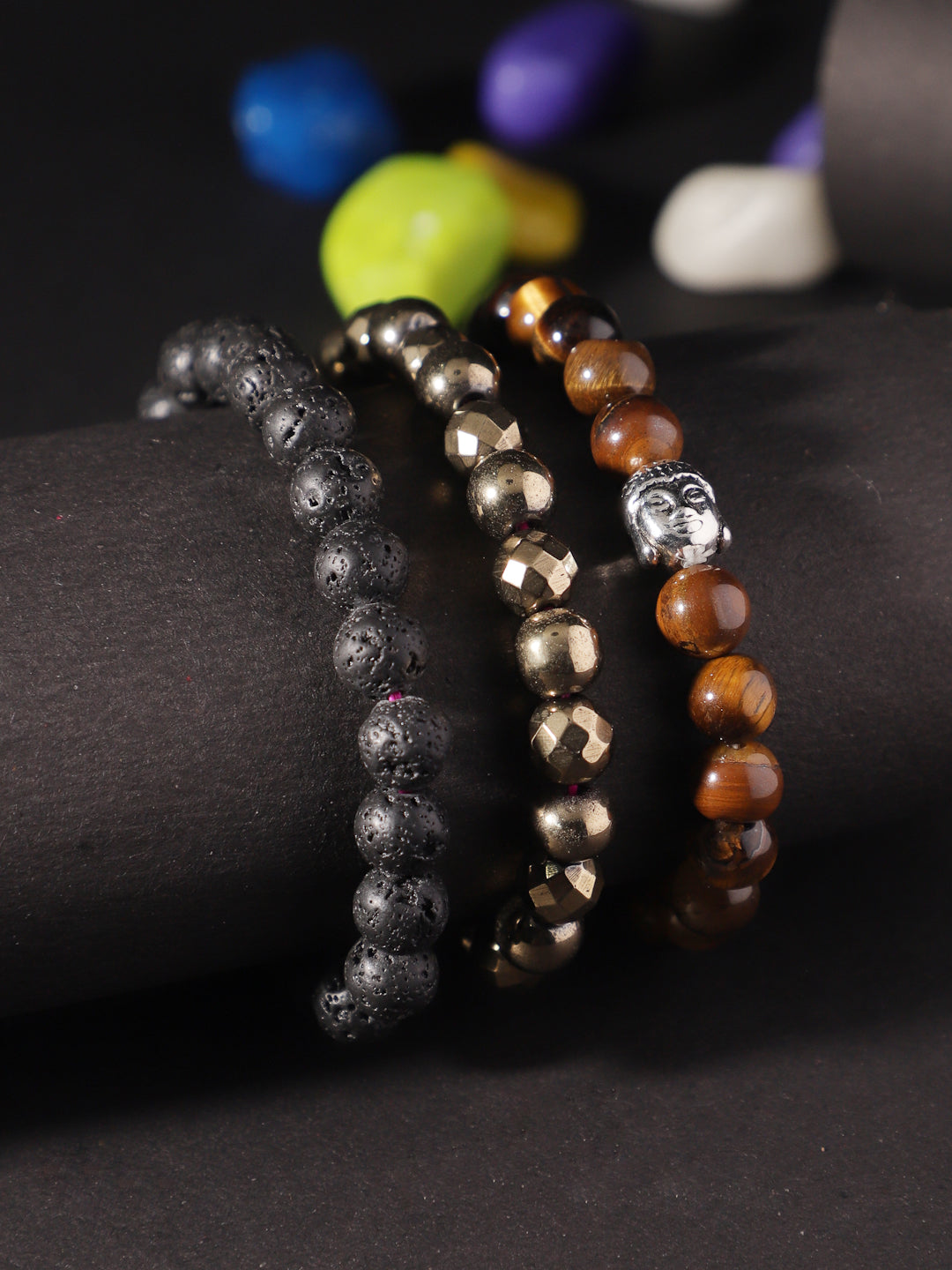 Combo Of Lawa, Golden Pyrite And Tiger Eye Semi Precious Stone Bracelet