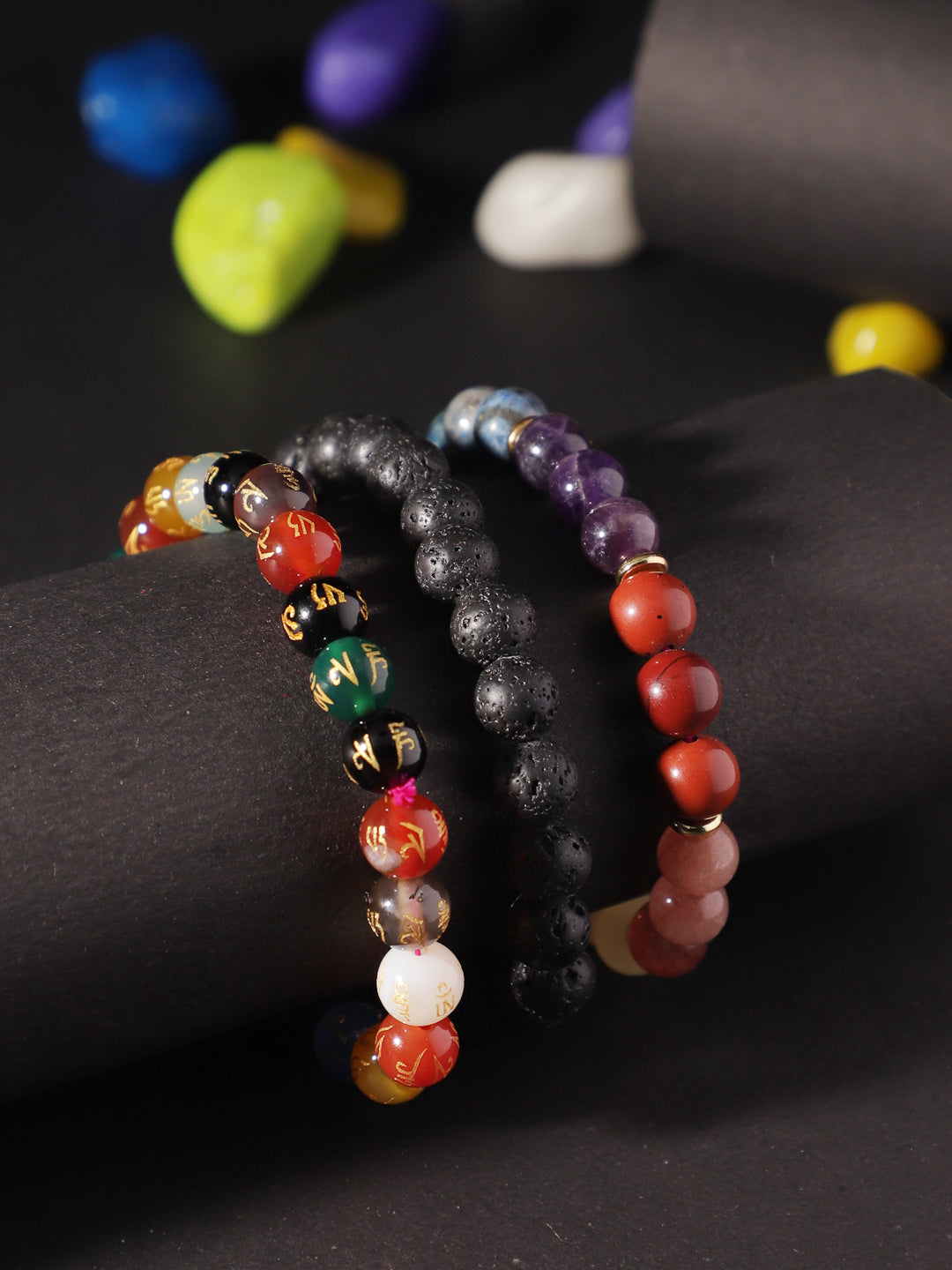 Combo Of Lawa ,Seven Chakra And Om Mani Multi Semi Precious Stone Bracelet