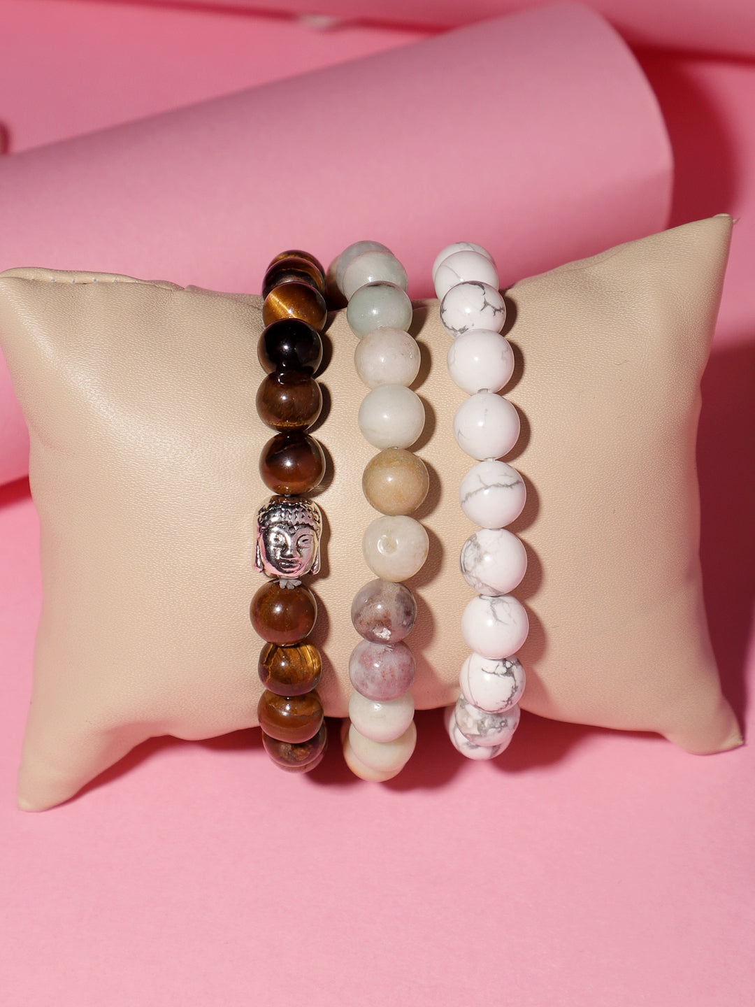 Combo Of Howlite ,Amazonite And Tiger Eye Semi Precious Stone Bracelet