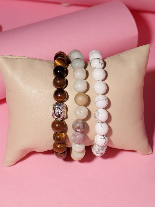 Combo Of Howlite ,Amazonite And Tiger Eye Semi Precious Stone Bracelet