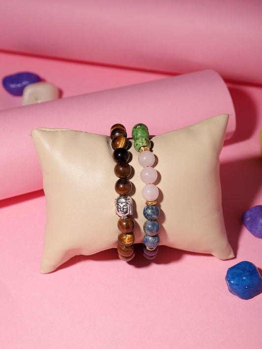 Combo Of Tiger Eye And Seven Chakra Semi Precious Stone Bracelet
